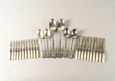 Lot 236 - A PART SET OF SILVER AND MOTHER-OF-PEARL DESSERT OR FRUIT KNIVES AND FORKS AND SIX FURTHER ITEMS