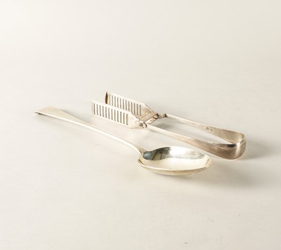 Lot 237 - A PAIR OF SILVER ASPARAGUS SERVING TONGS AND A SILVER STUFFING SPOON (2)