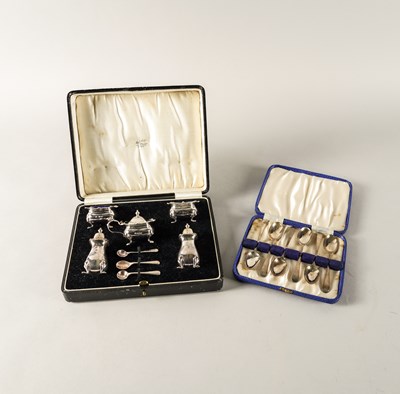 Lot 246 - A SILVER CRUET SET AND A SET OF SIX SILVER COFFEE SPOONS (2)