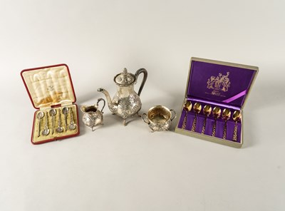Lot 247 - A GERMAN THREE PIECE COFFEE SET AND TWO SETS OF SIX TEASPOONS (5)