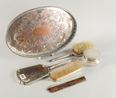 Lot 329 - A SILVER MOUNTED FOUR PIECE DRESSING SET, A POWDER BOWL AND A PLATED TRAY (6)