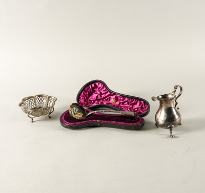 Lot 331 - A SILVER SUGAR SIFTING SPOON AND TWO FURTHER ITEMS (3)