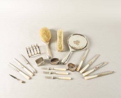 Lot 335 - A PART SET OF SILVER AND MOTHER-OF-PEARL DESSERT KNIVES AND FORKS AND NINE FURTHER ITEMS