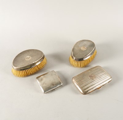Lot 345 - A SILVER CIGAR CASE, A CIGARETTE CASE AND A PAIR OF HAIRBRUSHES (4)