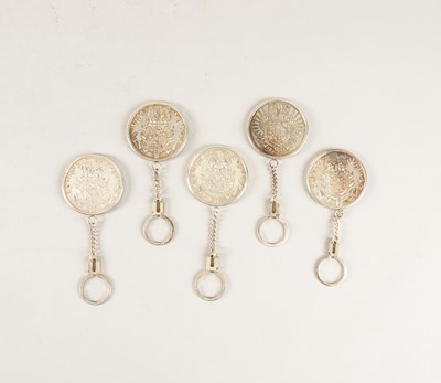 Lot 367 - FIVE SILVER KEY RINGS (5)