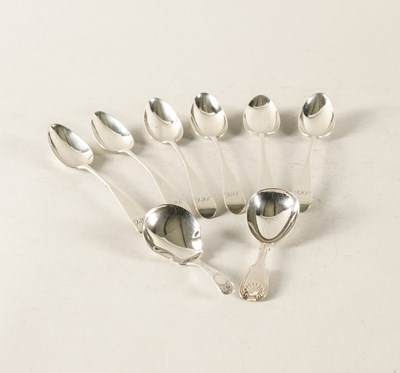 Lot 378 - A GEORGE III SET OF SIX SCOTTISH SILVER TEASPOONS AND TWO SILVER CADDY SPOONS (8)