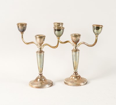 Lot 379 - A PAIR OF SILVER THREE LIGHT TABLE CANDELABRA