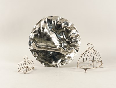 Lot 402 - TWO SILVER TOASTRACKS AND AN ALESSI ITALIAN STEEL DISH (3)
