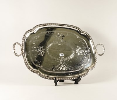 Lot 410 - A PLATED SHAPED OVAL TWIN  HANDLED LARGE TRAY