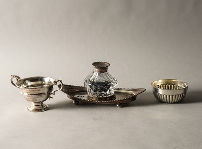 Lot 437 - A SILVER INKSTAND AND TWO FURTHER SILVER ITEMS (3)