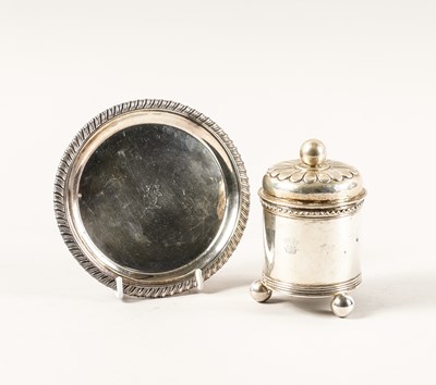 Lot 477 - A SILVER MOUNTED TEAPOT STAND AND A SILVER SMALL TEA CADDY (2)