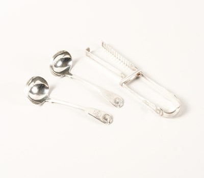 Lot 495 - A PAIR OF SILVER ASPARAGUS SERVING TONGS AND A PAIR OF SCOTTISH SILVER SAUCE LADLES (3)