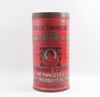 Lot 515 - A LARGE BELGIAN RED TOLE  ‘CAFES TORREFIES’ COFFEE CAN