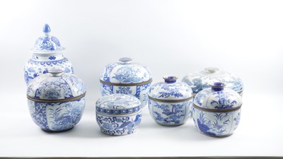 Lot 517 - A GROUP OF SEVEN CHINESE BLUE AND WHITE COVERED TUREENS AND A COVERED BALUSTER JAR  (7)