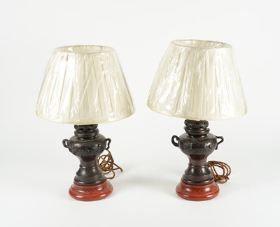 Lot 519 - A PAIR OF JAPANESE PATINATED BRONZE TABLE LAMPS (2)