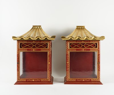 Lot 520 - A PAIR OF CHINOISERIE DECORATED RED AND GILT WALL LANTERNS (2)