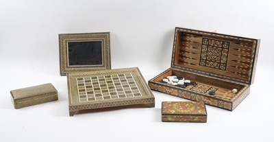 Lot 523 - A GROUP OF KASHMIR BOXES, A GAMES BOARD AND PHOTOGRAPH FRAME (5)