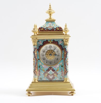 Lot 530 - A FRENCH GILT BRASS CHAMPLEVÉ ENAMEL MANTEL CLOCK