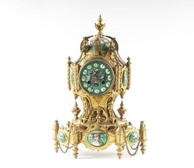 Lot 535 - A FRENCH GREEN ENAMEL MOUNTED GILT METAL MANTEL CLOCK