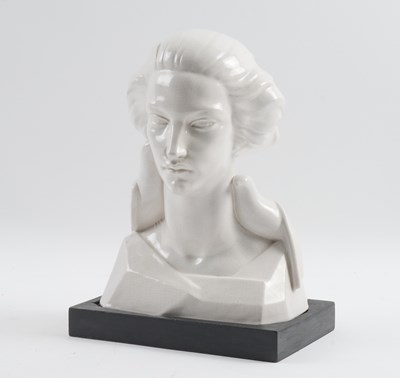 Lot 539 - CHRISTINE GREGORY (1879-1963): AN ART DECO WHITE AND CRACKLE GLAZED BUST OF VENUS WITH TWO DOVES