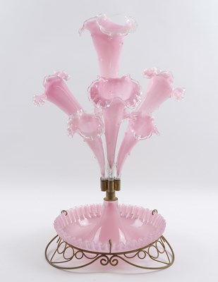 Lot 542 - A LATE VICTORIAN PINK GLASS TRUMPET VASE CENTREPIECE OR EPERGNE
