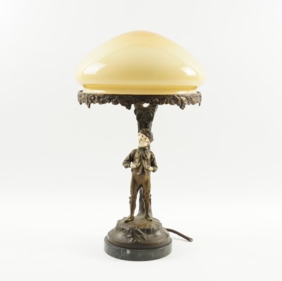 Lot 546 - JULIUS SCHMIDT FELLING (GERMAN 1835-1920): AN ART NOUVEAU PATINATED BRONZE AND IVORY TABLE LAMP