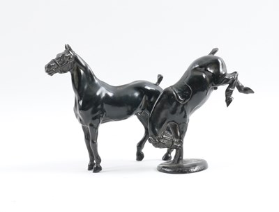 Lot 547 - AFTER GASTON D’ILLIERS (FRENCH, 1876 - 1932): TWO EQUESTRIAN BRONZE MODELS OF A BUCKING HORSE AND A STANDING HORSE (2)
