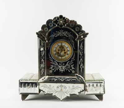 Lot 550 - AN ETCHED MIRRORED GLASS MANTEL CLOCK
