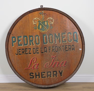 Lot 561 - A LARGE IRON-BOUND STENCILLED OAK PLANKED SPANISH SHERRY TRADE SIGN