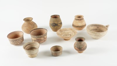 Lot 582 - A GROUP OF BI-CHROME WARE TERRACOTTA VESSELS (10)
