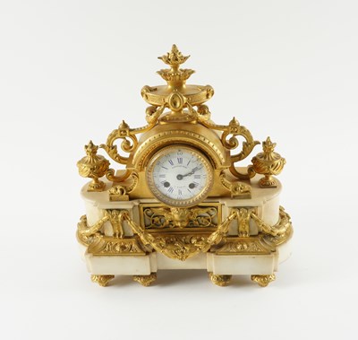 Lot 587 - A FRENCH LOUIS XVI STYLE GILT-BRONZE MOUNTED WHITE MARBLE MANTEL CLOCK