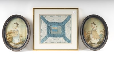 Lot 590 - A PAIR OF REGENCY SILKWORK PICTURES OF WOMEN IN BONNETS AND A LACEWORK SAMPLER (3)