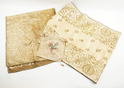 Lot 591 - A FRENCH GOLD THREAD EMBROIDERED CREAM SILK RUNNER TOGETHER WITH ANOTHER SILK EMBROIDERY (3)
