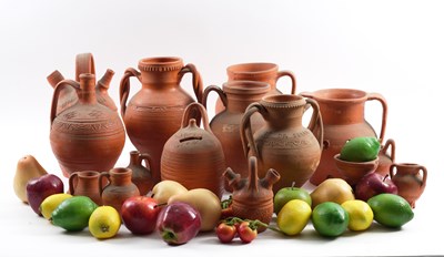Lot 594 - A GROUP OF FIFTEEN SPANISH TERRACOTTA JARS AND A COLLECTION OF WAX FRUIT (QTY)