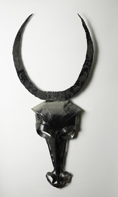 Lot 595 - A BLACK PAINTED WROUGHT IRON SKULL TROPHY OF AN ANTELOPE (2)
