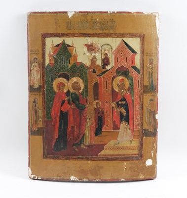Lot 601 - A RUSSIAN ICON DEPICTING PRESENTATION OF THE VIRGIN MARY TO THE TEMPLE WITH ARCHANGELS AND SAINTS