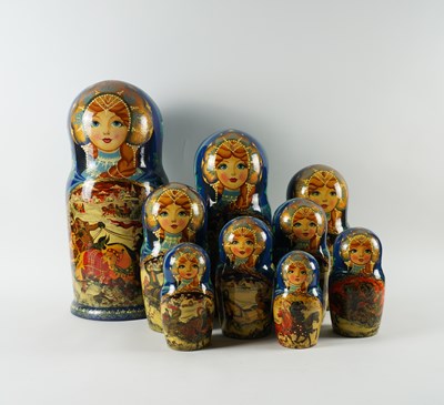 Lot 602 - A NEST OF THIRTY RUSSIAN POLYCHROME DECORATED MATRYOSHKA DOLLS (30)