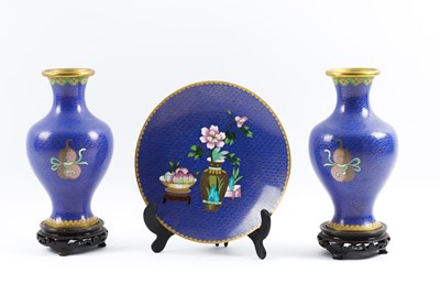 Lot 605 - A PAIR OF CHINESE BLUE CLOISONNÉ ENAMEL BALUSTER VASES AND A DISH EN-SUITE (3)