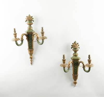Lot 606 - A PAIR OF GILT AND GREEN PAINTED GESSO TWIN LIGHT WALL APPIQLUES, TOGETHER WITH TWO PAIRS OF GILT TOLE FOLIATE WALL APPLIQUES (6)