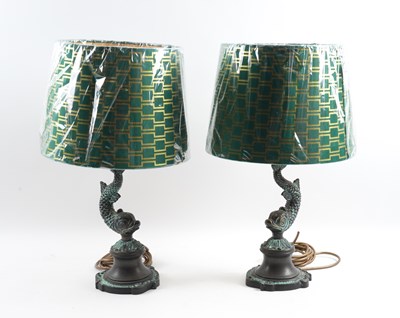 Lot 607 - A PAIR OF PATINATED DOLPHIN TABLE LAMPS (2)