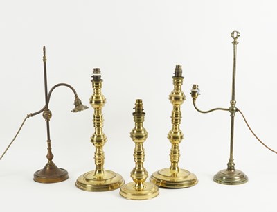 Lot 608 - THREE BRASS LAQUERED METAL CANDLESTICK TABLE LAMPS (5)