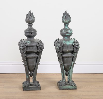 Lot 622 - A PAIR OF GREEN PATINATED METAL URNS (2)
