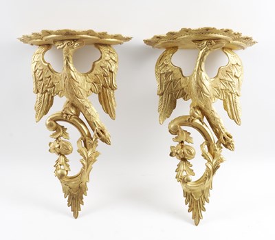 Lot 625 - A PAIR OF GILT WOOD HOHO BIRD WALL BRACKETS (2)