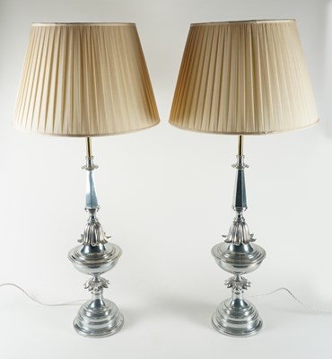 Lot 630 - A PAIR OF SILVERED METAL TABLE LAMPS (2)