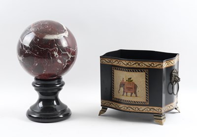Lot 632 - A ROSSO LEVANTO MARBLE BALL ON STAND AND A TOLE BOX (2)