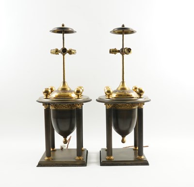Lot 636 - A PAIR OF NEO-CLASSICAL STYLE PATINATED AND GILT MOUNTED METAL TABLE LAMPS (2)