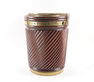 Lot 701 - A GEORGE III STYLE BRASS BOUND MAHOGANY PEAT BUCKET