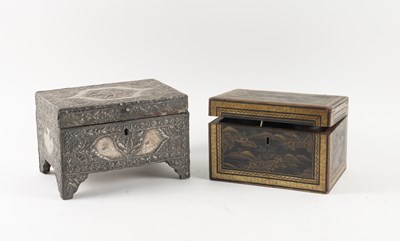 Lot 705 - A 19TH CENTURY CHINESE EXPORT BLACK LACQUER CHINOISERIE DECORATED TEA CADDY (2)