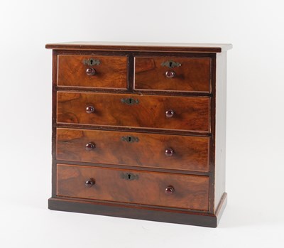 Lot 707 - AN 18TH CENTURY STYLE WALNUT MINIATURE FIVE DRAWER CHEST
