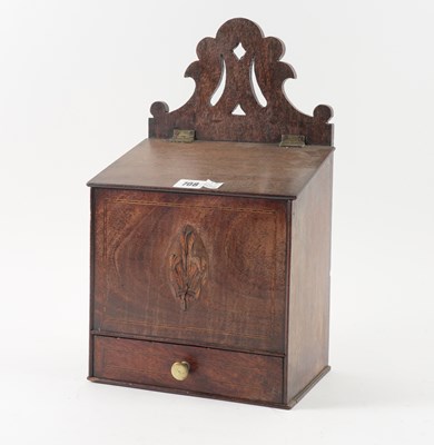 Lot 708 - A GEORGE III INLAID MAHOGANY WALL MOUNTED SLOPE FRONT SALT BOX